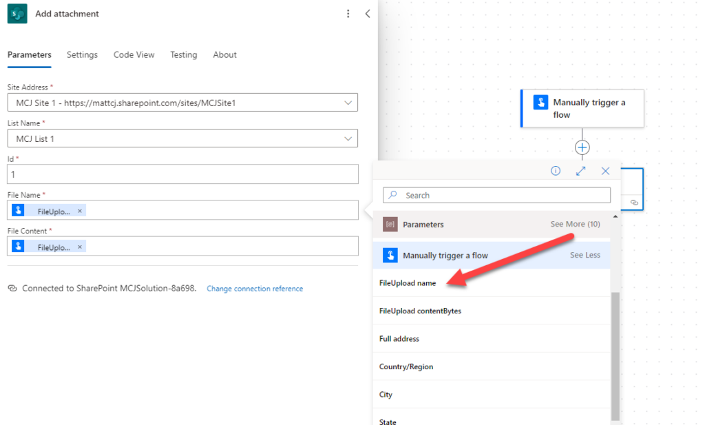 The image is a screenshot of a Power Automate modern action setup interface for "Add attachment" within a flow. The interface is displaying fields for 'Site Address', 'List Name', 'Id', 'File Name', and 'File Content'. The 'File Name' and 'File Content' fields are both filled with a dynamic content token labeled 'FileUpload'. There is a red arrow pointing from the 'Manually trigger a flow' sidebar on the right, highlighting the dynamic content 'FileUpload name' as the likely input for the 'File Name' field. The sidebar also shows 'FileUpload contentBytes', suggesting this as the input for the 'File Content' field.