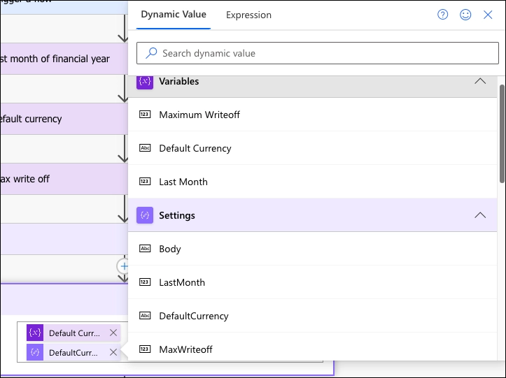 The image is a screenshot of a dynamic content selector within a Power Automate workflow. The panel shows a list of variables and settings from the workflow, indicating where they can be used as dynamic content in subsequent actions. Variables displayed include "Maximum Writeoff," "Default Currency," and "Last Month." Under the settings, items such as "Body," "LastMonth," "DefaultCurrency," and "MaxWriteoff" are available for selection. The interface elements such as search bar, information, and close icons, along with the expansion arrows for each section, suggest that the user can interact with this panel to insert these dynamic values into other parts of the workflow.