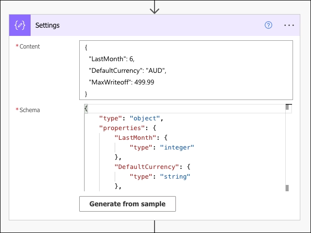 The screenshot displays a dialog box from Power Automate for setting properties in a 'Parse JSON' action. The content section includes a JSON object with three properties: "LastMonth" with a value of 6, "DefaultCurrency" set to "AUD", and "MaxWriteoff" set at 999.99. Below the content box, the schema section is partially filled out with JSON schema definitions corresponding to the above properties, indicating "LastMonth" as an integer and "DefaultCurrency" as a string. There is also a button to "Generate from sample" to create the schema based on a sample JSON content.