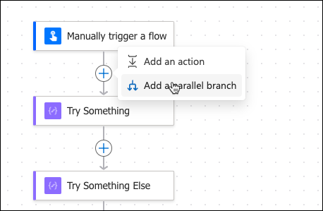 Screenshot displaying a portion of a Microsoft Power Automate flow with options to modify the workflow. At the top, there's a 'Manually trigger a flow' step, depicted with a blue rectangle and a play icon. Below this step, there are two icons: a plus sign for 'Add an action' and a branching arrow for 'Add a parallel branch'. To the left, the first action in the workflow titled 'Try Something' is shown with a purple rectangle. Below, indicated by a plus sign, is a placeholder for another action, and further down is a second purple rectangle labeled 'Try Something Else', suggesting these actions are part of a sequence.