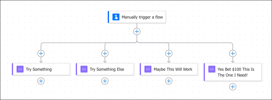 Screenshot of a Microsoft Power Automate flow diagram with parallel branches. The process starts at the top with a 'Manually trigger a flow' step, represented by a blue rectangle with a play button icon. From this initial step, four parallel branches extend horizontally. Each branch has its own action step: 'Try Something,' 'Try Something Else,' 'Maybe This Will Work,' and 'Yes Bet $100 This Is The One I Need!,' indicated by purple rectangles with corresponding gear icons. Plus signs are present between the steps and at the end of each branch, indicating potential points to add more actions or conditions to the flow.
